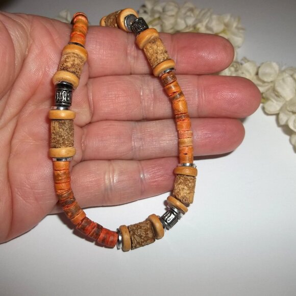 Vintage Necklace Orange Brown Silver Choker Unisex Beaded Fashion Jewelry D221 - Picture 5 of 6